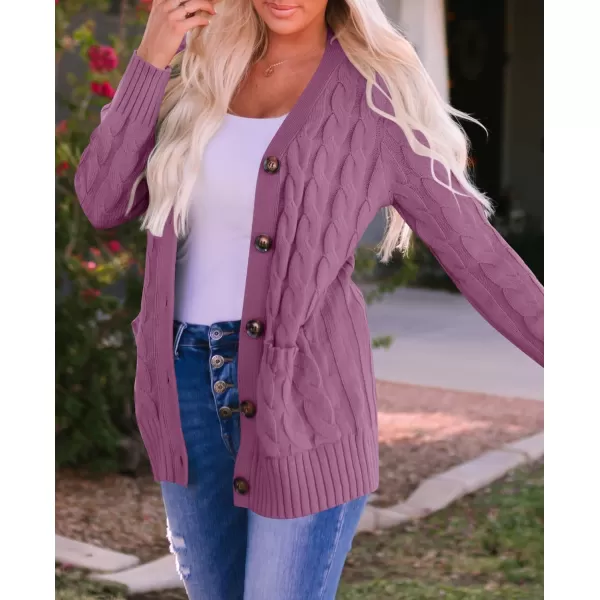 imageZESICA Womens 2023 Fall Casual Long Sleeve Button Down Open Front Cable Knit Cardigan Sweater CoatPurple