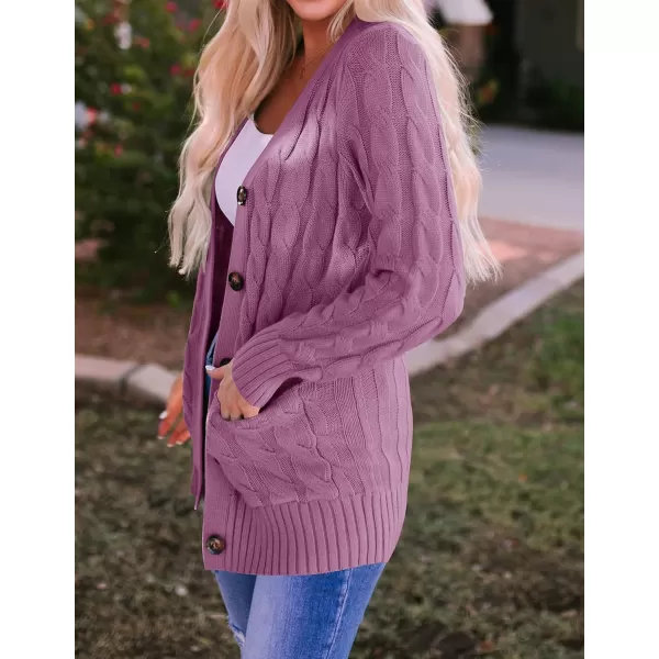 imageZESICA Womens 2023 Fall Casual Long Sleeve Button Down Open Front Cable Knit Cardigan Sweater CoatPurple