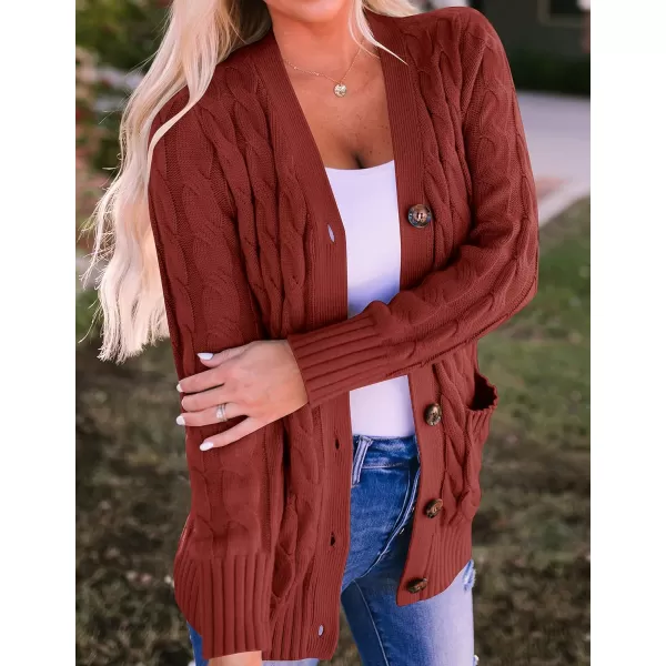 imageZESICA Womens 2023 Fall Casual Long Sleeve Button Down Open Front Cable Knit Cardigan Sweater CoatRust