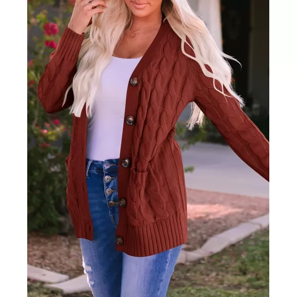 imageZESICA Womens 2023 Fall Casual Long Sleeve Button Down Open Front Cable Knit Cardigan Sweater CoatRust
