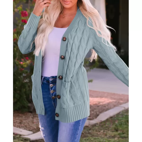 imageZESICA Womens 2023 Fall Casual Long Sleeve Button Down Open Front Cable Knit Cardigan Sweater CoatSage