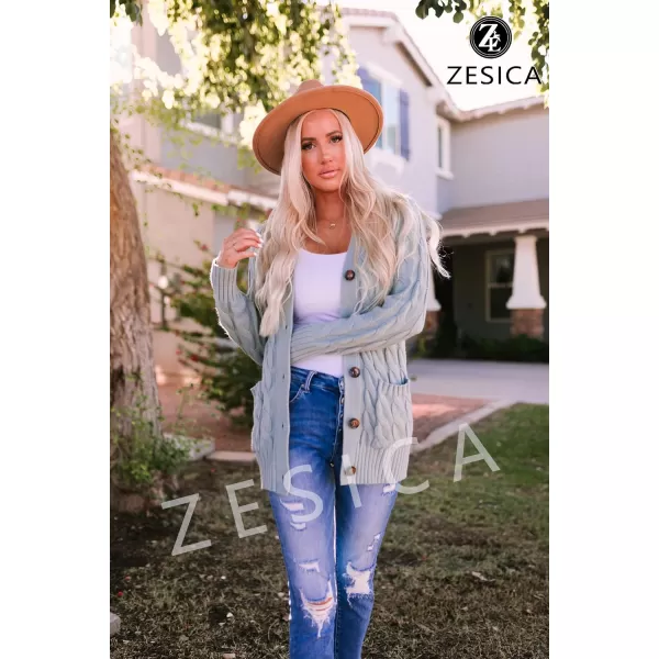 imageZESICA Womens 2023 Fall Casual Long Sleeve Button Down Open Front Cable Knit Cardigan Sweater CoatSage