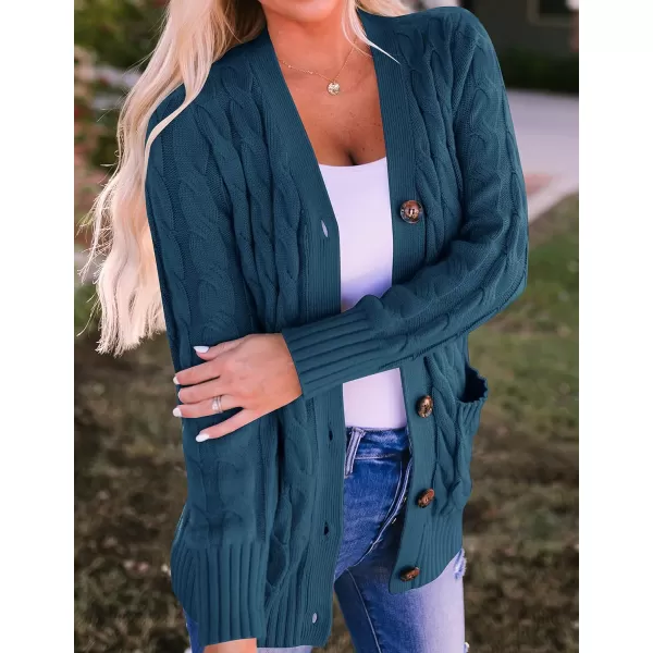 imageZESICA Womens 2023 Fall Casual Long Sleeve Button Down Open Front Cable Knit Cardigan Sweater CoatTeal