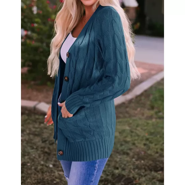 imageZESICA Womens 2023 Fall Casual Long Sleeve Button Down Open Front Cable Knit Cardigan Sweater CoatTeal