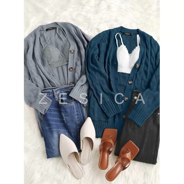 imageZESICA Womens 2023 Fall Casual Long Sleeve Button Down Open Front Cable Knit Cardigan Sweater CoatTeal