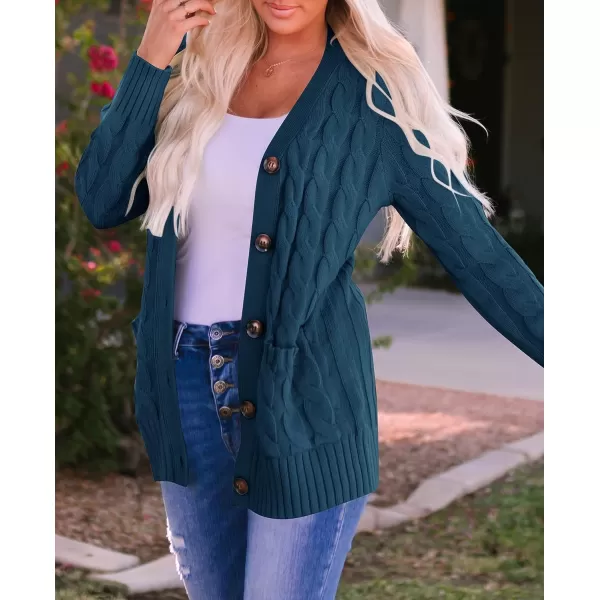 imageZESICA Womens 2023 Fall Casual Long Sleeve Button Down Open Front Cable Knit Cardigan Sweater CoatTeal
