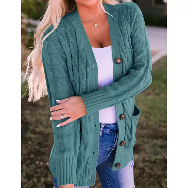 imageZESICA Womens 2023 Fall Casual Long Sleeve Button Down Open Front Cable Knit Cardigan Sweater CoatTealgreen