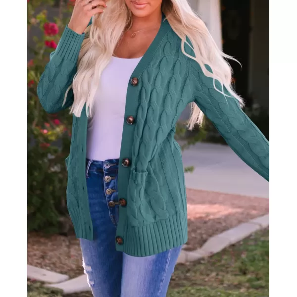 imageZESICA Womens 2023 Fall Casual Long Sleeve Button Down Open Front Cable Knit Cardigan Sweater CoatTealgreen
