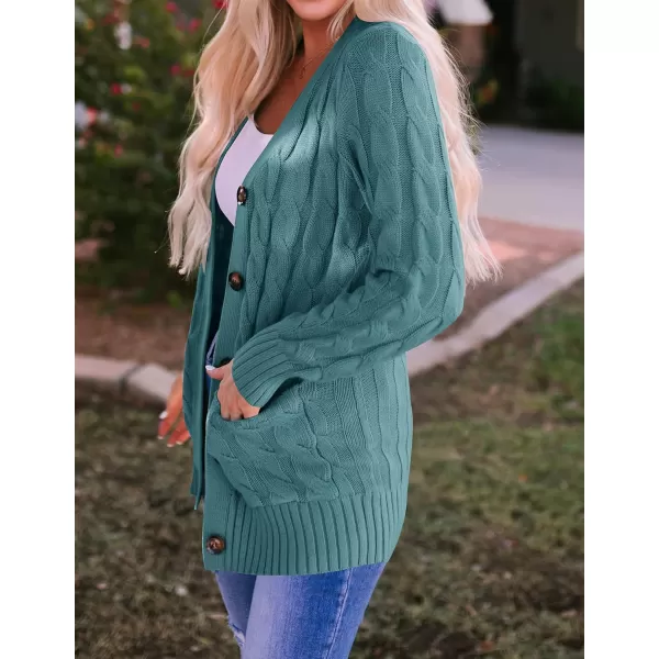 imageZESICA Womens 2023 Fall Casual Long Sleeve Button Down Open Front Cable Knit Cardigan Sweater CoatTealgreen