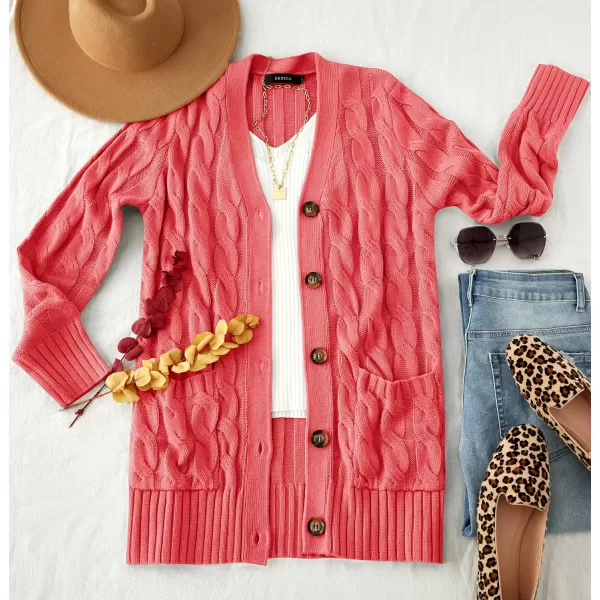 imageZESICA Womens 2023 Fall Casual Long Sleeve Button Down Open Front Cable Knit Cardigan Sweater CoatWatermelon