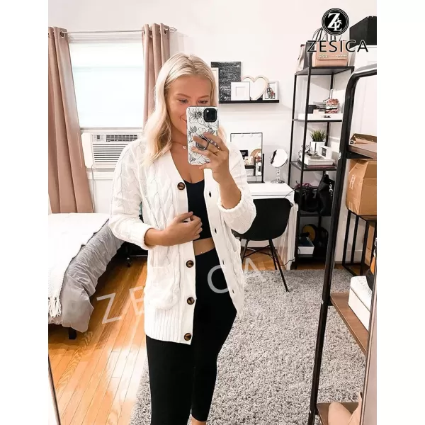imageZESICA Womens 2023 Fall Casual Long Sleeve Button Down Open Front Cable Knit Cardigan Sweater CoatWhite