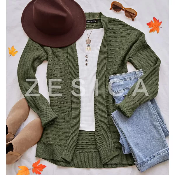 imageZESICA Womens 2023 Fall Casual Long Sleeve Cable Knit Open Front Loose Chunky Sweater Cardigan Coat OuterwearArmygreen