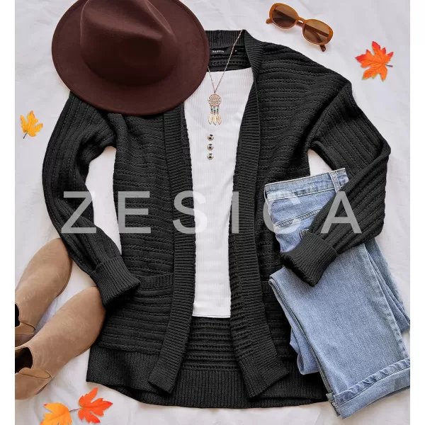 imageZESICA Womens 2023 Fall Casual Long Sleeve Cable Knit Open Front Loose Chunky Sweater Cardigan Coat OuterwearBlack