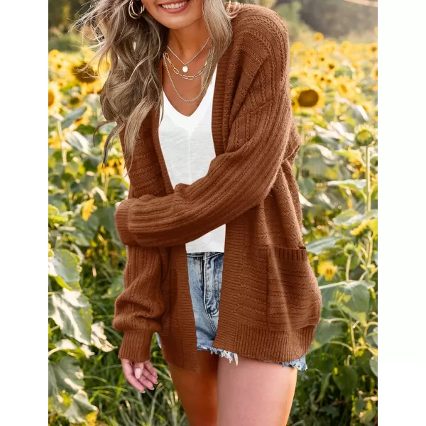 imageZESICA Womens 2023 Fall Casual Long Sleeve Cable Knit Open Front Loose Chunky Sweater Cardigan Coat OuterwearCaramel