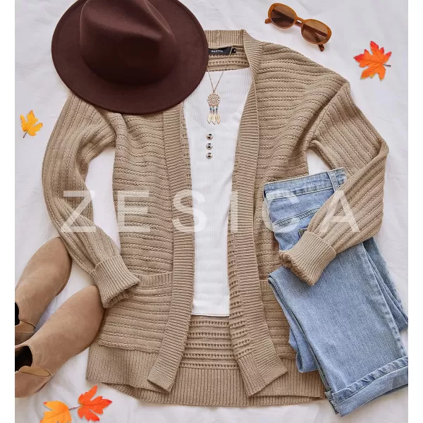 imageZESICA Womens 2023 Fall Casual Long Sleeve Cable Knit Open Front Loose Chunky Sweater Cardigan Coat OuterwearKhaki