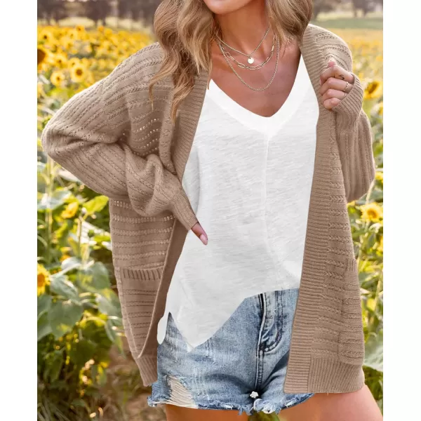 imageZESICA Womens 2023 Fall Casual Long Sleeve Cable Knit Open Front Loose Chunky Sweater Cardigan Coat OuterwearKhaki
