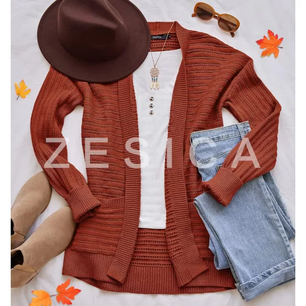 imageZESICA Womens 2023 Fall Casual Long Sleeve Cable Knit Open Front Loose Chunky Sweater Cardigan Coat OuterwearRust