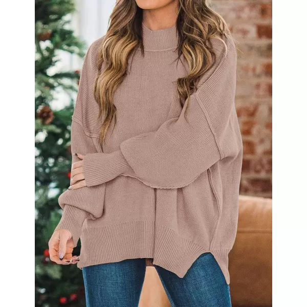 imageZESICA Womens 2023 Fall Casual Long Sleeve Crew Neck Side Slit Oversized Ribbed Knit Pullover Sweater TopsAlmond