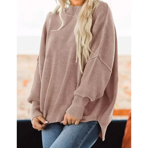 imageZESICA Womens 2023 Fall Casual Long Sleeve Crew Neck Side Slit Oversized Ribbed Knit Pullover Sweater TopsAlmond
