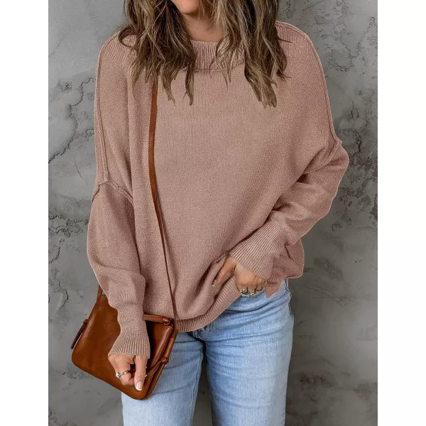 imageZESICA Womens 2023 Fall Casual Long Sleeve Crew Neck Side Slit Oversized Ribbed Knit Pullover Sweater TopsAlmond