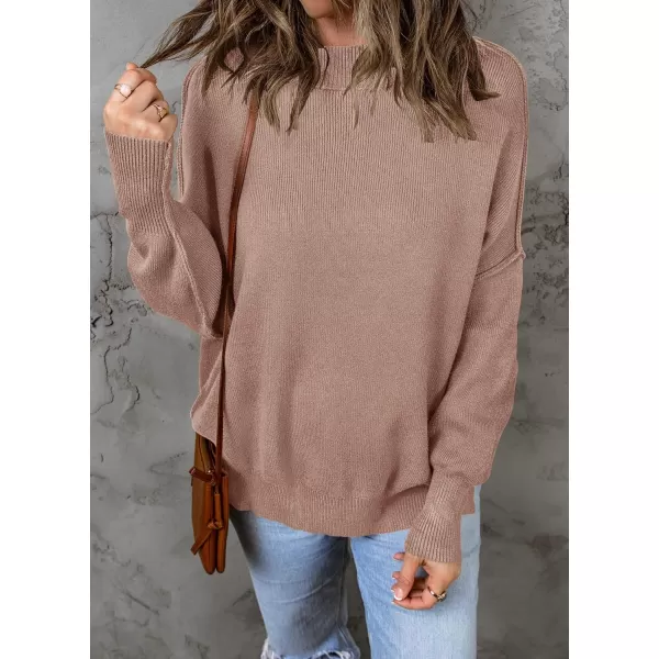 imageZESICA Womens 2023 Fall Casual Long Sleeve Crew Neck Side Slit Oversized Ribbed Knit Pullover Sweater TopsAlmond