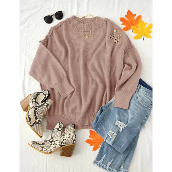 imageZESICA Womens 2023 Fall Casual Long Sleeve Crew Neck Side Slit Oversized Ribbed Knit Pullover Sweater TopsAlmond