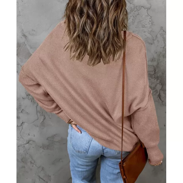 imageZESICA Womens 2023 Fall Casual Long Sleeve Crew Neck Side Slit Oversized Ribbed Knit Pullover Sweater TopsAlmond