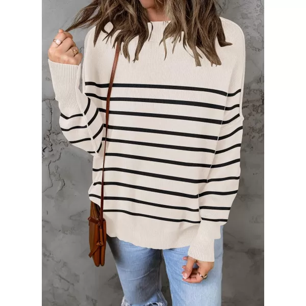 imageZESICA Womens 2023 Fall Casual Long Sleeve Crew Neck Side Slit Oversized Ribbed Knit Pullover Sweater TopsApricotstripe