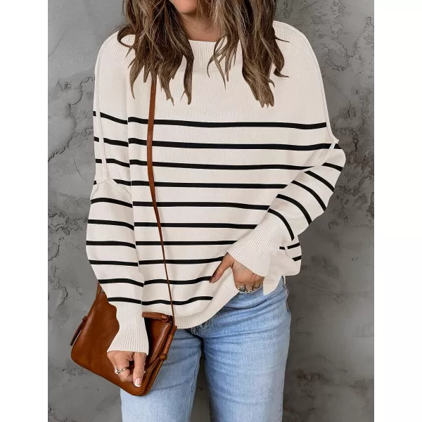 imageZESICA Womens 2023 Fall Casual Long Sleeve Crew Neck Side Slit Oversized Ribbed Knit Pullover Sweater TopsApricotstripe