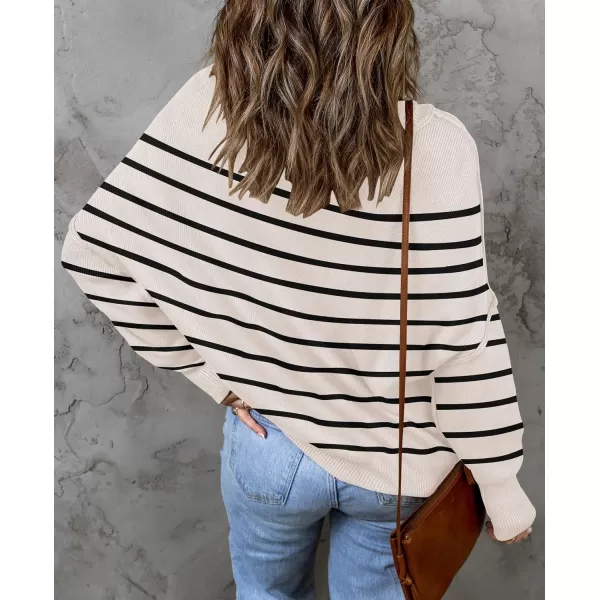 imageZESICA Womens 2023 Fall Casual Long Sleeve Crew Neck Side Slit Oversized Ribbed Knit Pullover Sweater TopsApricotstripe
