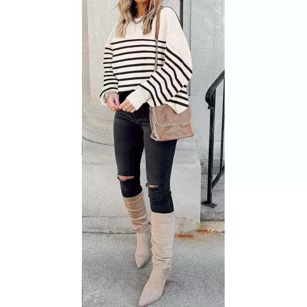 imageZESICA Womens 2023 Fall Casual Long Sleeve Crew Neck Side Slit Oversized Ribbed Knit Pullover Sweater TopsApricotstripe