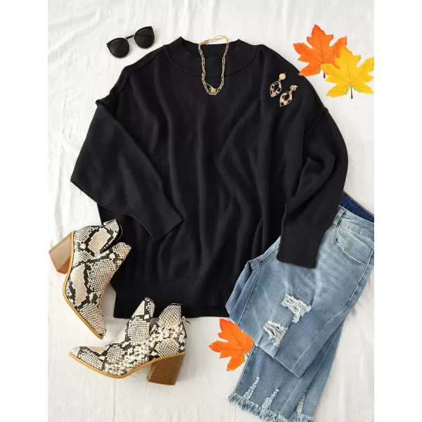 imageZESICA Womens 2023 Fall Casual Long Sleeve Crew Neck Side Slit Oversized Ribbed Knit Pullover Sweater TopsBlack