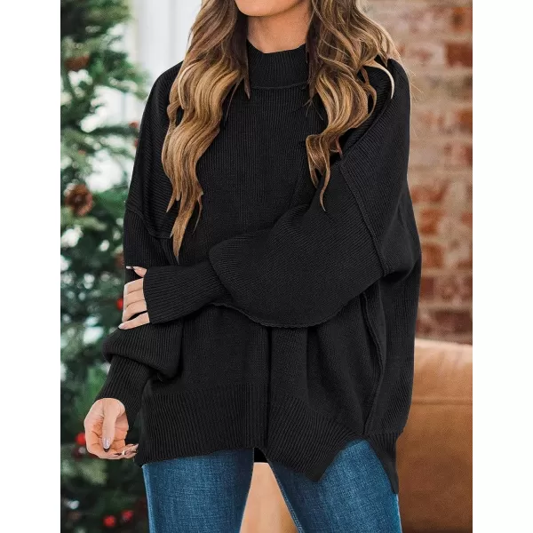 imageZESICA Womens 2023 Fall Casual Long Sleeve Crew Neck Side Slit Oversized Ribbed Knit Pullover Sweater TopsBlack