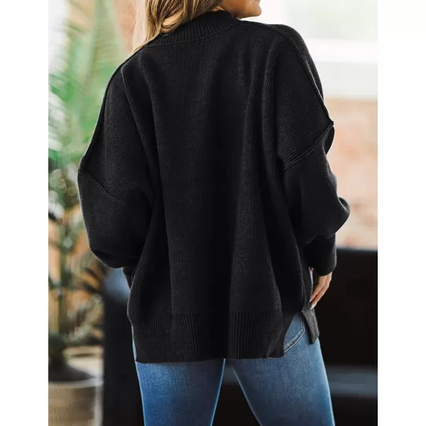 imageZESICA Womens 2023 Fall Casual Long Sleeve Crew Neck Side Slit Oversized Ribbed Knit Pullover Sweater TopsBlack