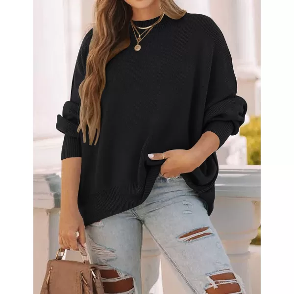 imageZESICA Womens 2023 Fall Casual Long Sleeve Crew Neck Side Slit Oversized Ribbed Knit Pullover Sweater TopsBlack