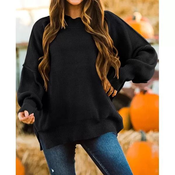 imageZESICA Womens 2023 Fall Casual Long Sleeve Crew Neck Side Slit Oversized Ribbed Knit Pullover Sweater TopsBlack