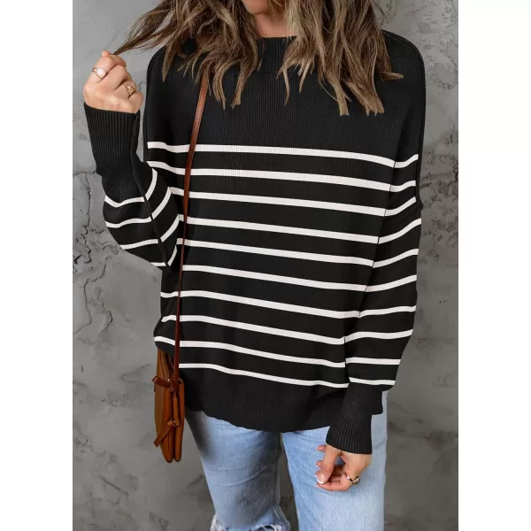 imageZESICA Womens 2023 Fall Casual Long Sleeve Crew Neck Side Slit Oversized Ribbed Knit Pullover Sweater TopsBlackstripe