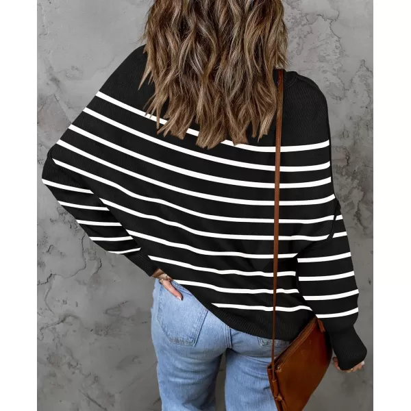 imageZESICA Womens 2023 Fall Casual Long Sleeve Crew Neck Side Slit Oversized Ribbed Knit Pullover Sweater TopsBlackstripe