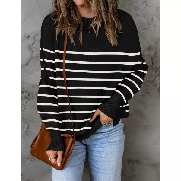 imageZESICA Womens 2023 Fall Casual Long Sleeve Crew Neck Side Slit Oversized Ribbed Knit Pullover Sweater TopsBlackstripe