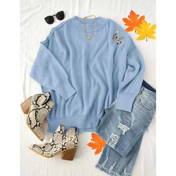 imageZESICA Womens 2023 Fall Casual Long Sleeve Crew Neck Side Slit Oversized Ribbed Knit Pullover Sweater TopsBlue