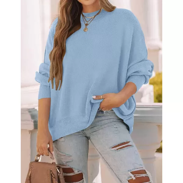 imageZESICA Womens 2023 Fall Casual Long Sleeve Crew Neck Side Slit Oversized Ribbed Knit Pullover Sweater TopsBlue