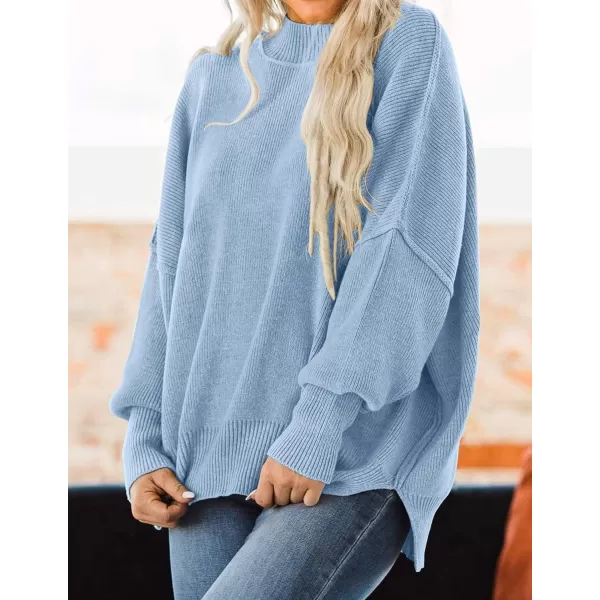 imageZESICA Womens 2023 Fall Casual Long Sleeve Crew Neck Side Slit Oversized Ribbed Knit Pullover Sweater TopsBlue