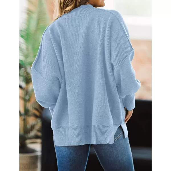 imageZESICA Womens 2023 Fall Casual Long Sleeve Crew Neck Side Slit Oversized Ribbed Knit Pullover Sweater TopsBlue