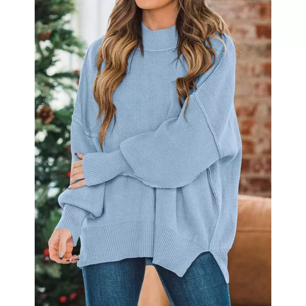 imageZESICA Womens 2023 Fall Casual Long Sleeve Crew Neck Side Slit Oversized Ribbed Knit Pullover Sweater TopsBlue