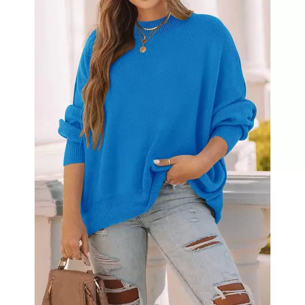 imageZESICA Womens 2023 Fall Casual Long Sleeve Crew Neck Side Slit Oversized Ribbed Knit Pullover Sweater TopsBrightblue