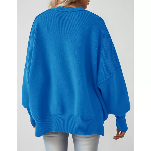 imageZESICA Womens 2023 Fall Casual Long Sleeve Crew Neck Side Slit Oversized Ribbed Knit Pullover Sweater TopsBrightblue