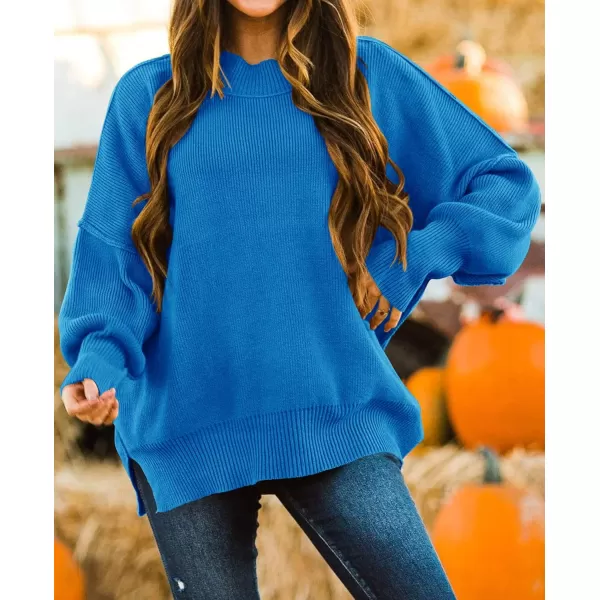 imageZESICA Womens 2023 Fall Casual Long Sleeve Crew Neck Side Slit Oversized Ribbed Knit Pullover Sweater TopsBrightblue