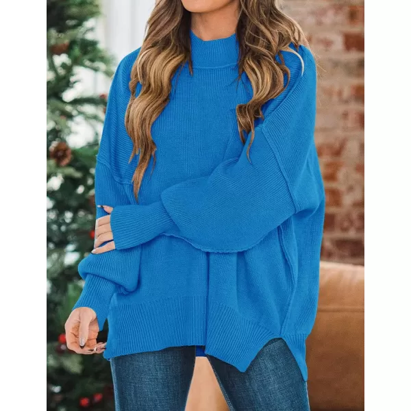 imageZESICA Womens 2023 Fall Casual Long Sleeve Crew Neck Side Slit Oversized Ribbed Knit Pullover Sweater TopsBrightblue