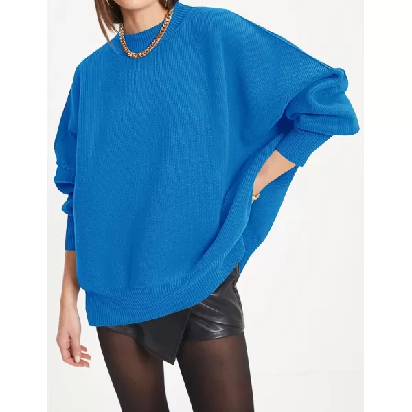 imageZESICA Womens 2023 Fall Casual Long Sleeve Crew Neck Side Slit Oversized Ribbed Knit Pullover Sweater TopsBrightblue