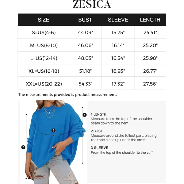imageZESICA Womens 2023 Fall Casual Long Sleeve Crew Neck Side Slit Oversized Ribbed Knit Pullover Sweater TopsBrightblue